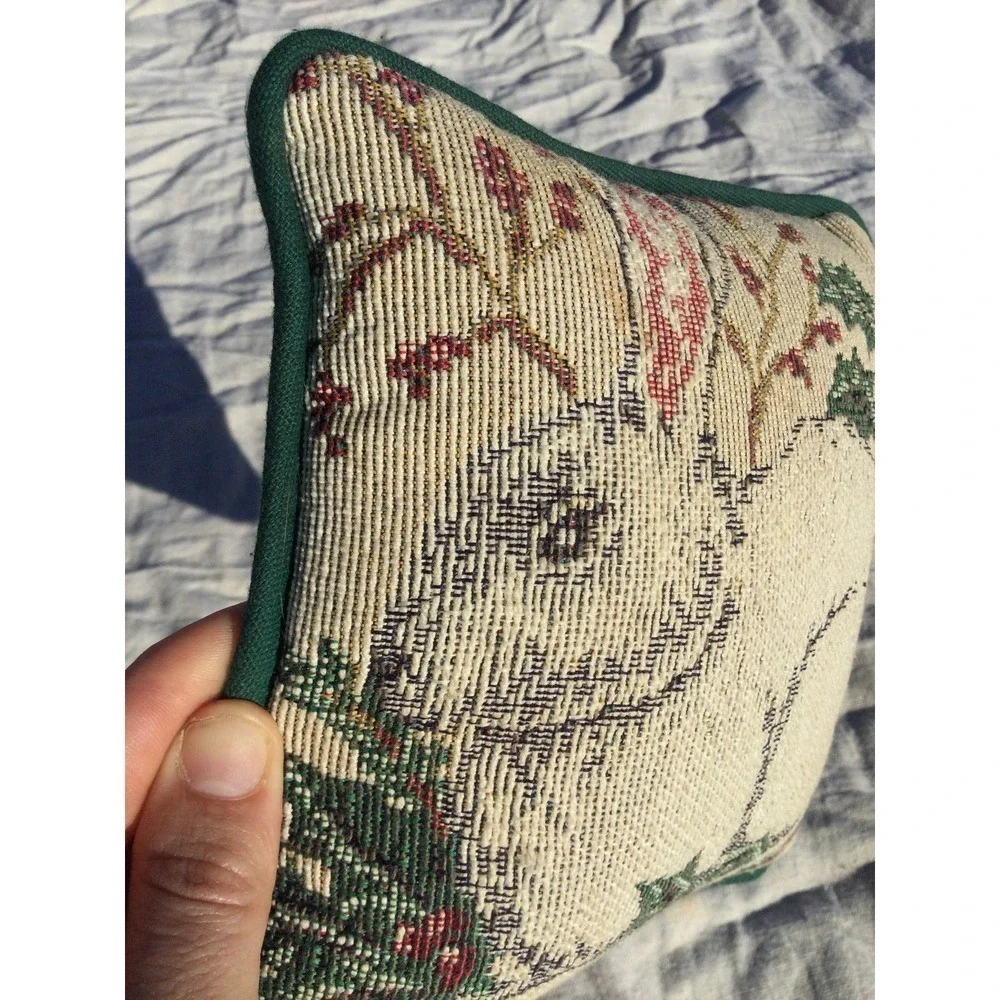 Vtg bunny square tapestry pillow 8” winter Easter rabbit‎ farmhouse green white
